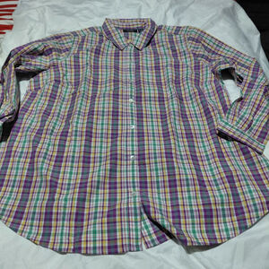 Susan Graver Weekend Plaid Button Down Shirt XLP Purple Green